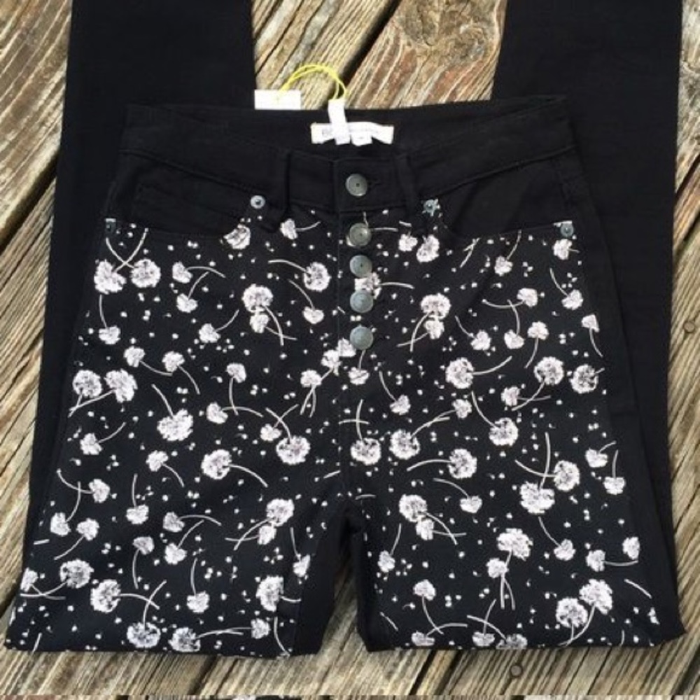 High waisted black stretchy floral front jeans